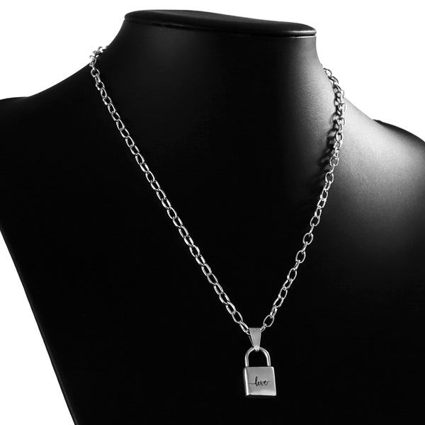 Halskette mit Schloss Choker Vorhängeschloss Kette 90er Jahre silber Chain Padlock mit Schlüssel Liebesschloss