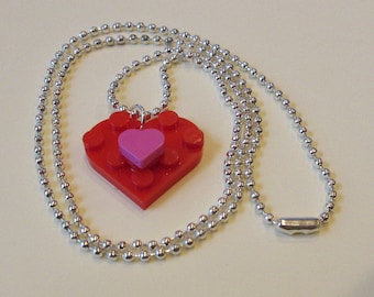 Brick Heart red/pink necklace 24'' silver ball chain made out of LEGO  bricks -love hearts-bff- friendship - gift box-free shipping in usa