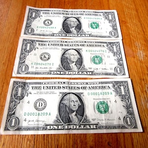 a lot of THREE low number one dollar bills federal reserve note dollar bill money, currency,A00042498A K00024070I D00018209A nice shape