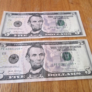 TWO great star five dollar error bills federal reserve note dollar bill money, currency, PF03180754*  and PE02801239*  new shape love them