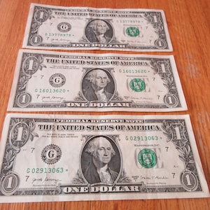 lot THREE GREAT number star one dollar error bills federal reserve note dollar bill money, currency, G02913063* G16013620* G13778978*NICE