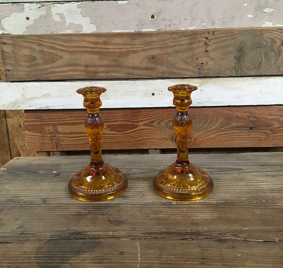 Sandwich Amber Glass Candlesticks Set of 2 Indiana Glass Etsy