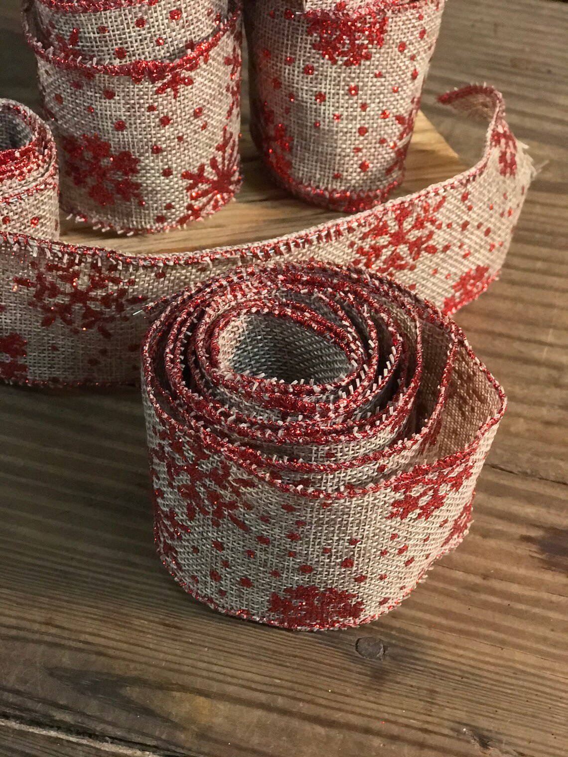 Pre Cut Wired Burlap Ribbon with Glitter Red Snowflakes Etsy