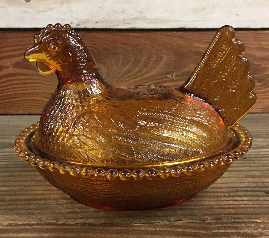 Amber Glass Hen Candy Dish Etsy