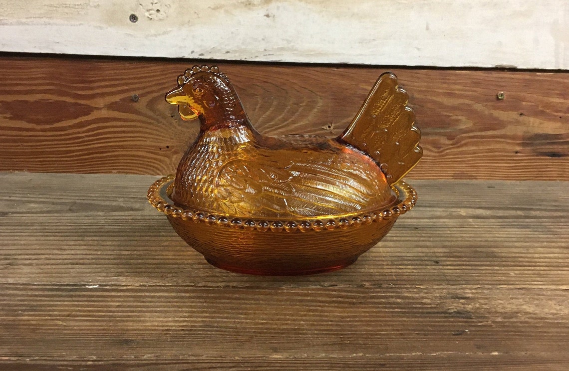 Amber Glass Hen Candy Dish Etsy