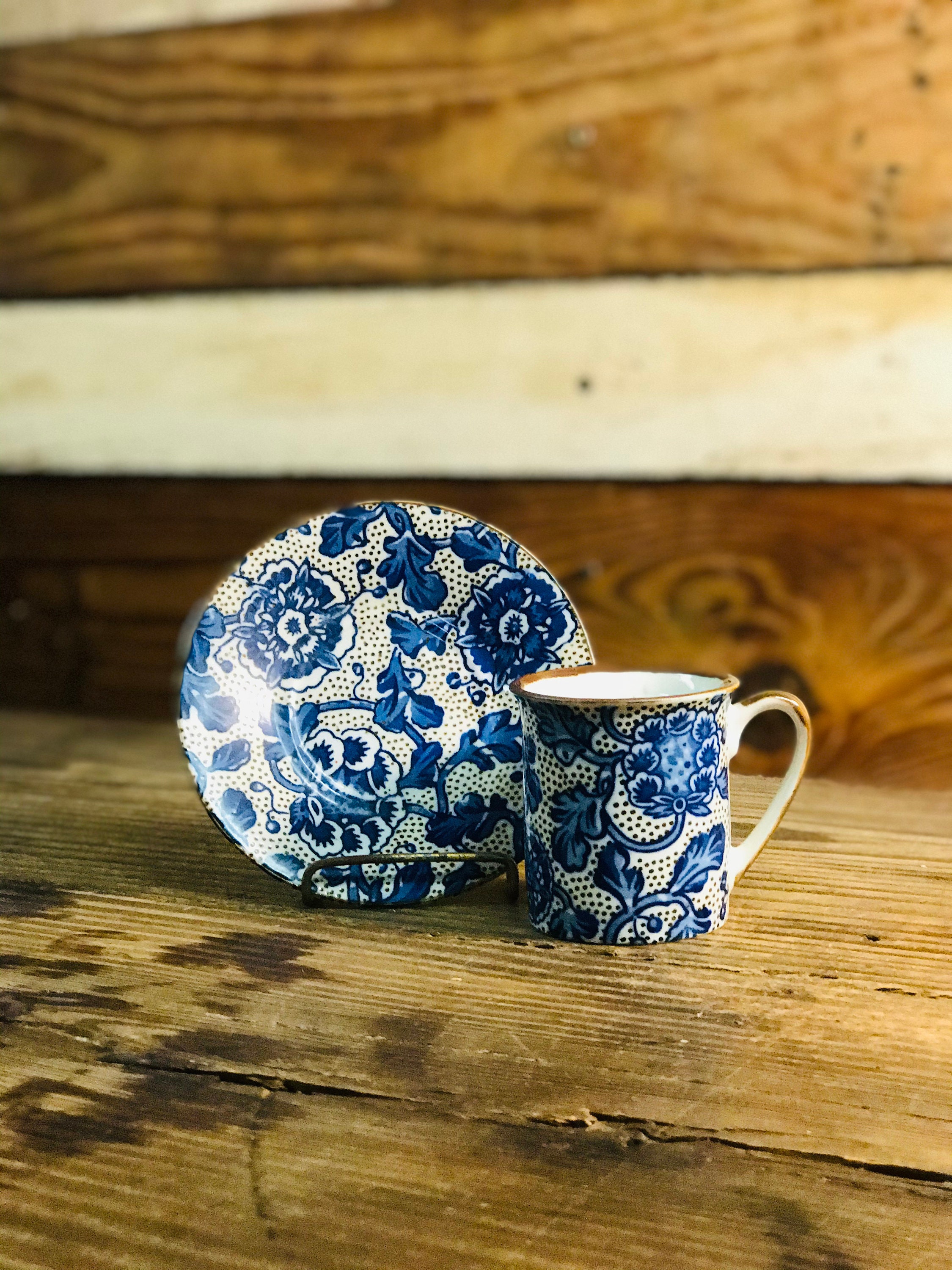 Blue and White Floral Cup and Saucer Stoneware Etsy