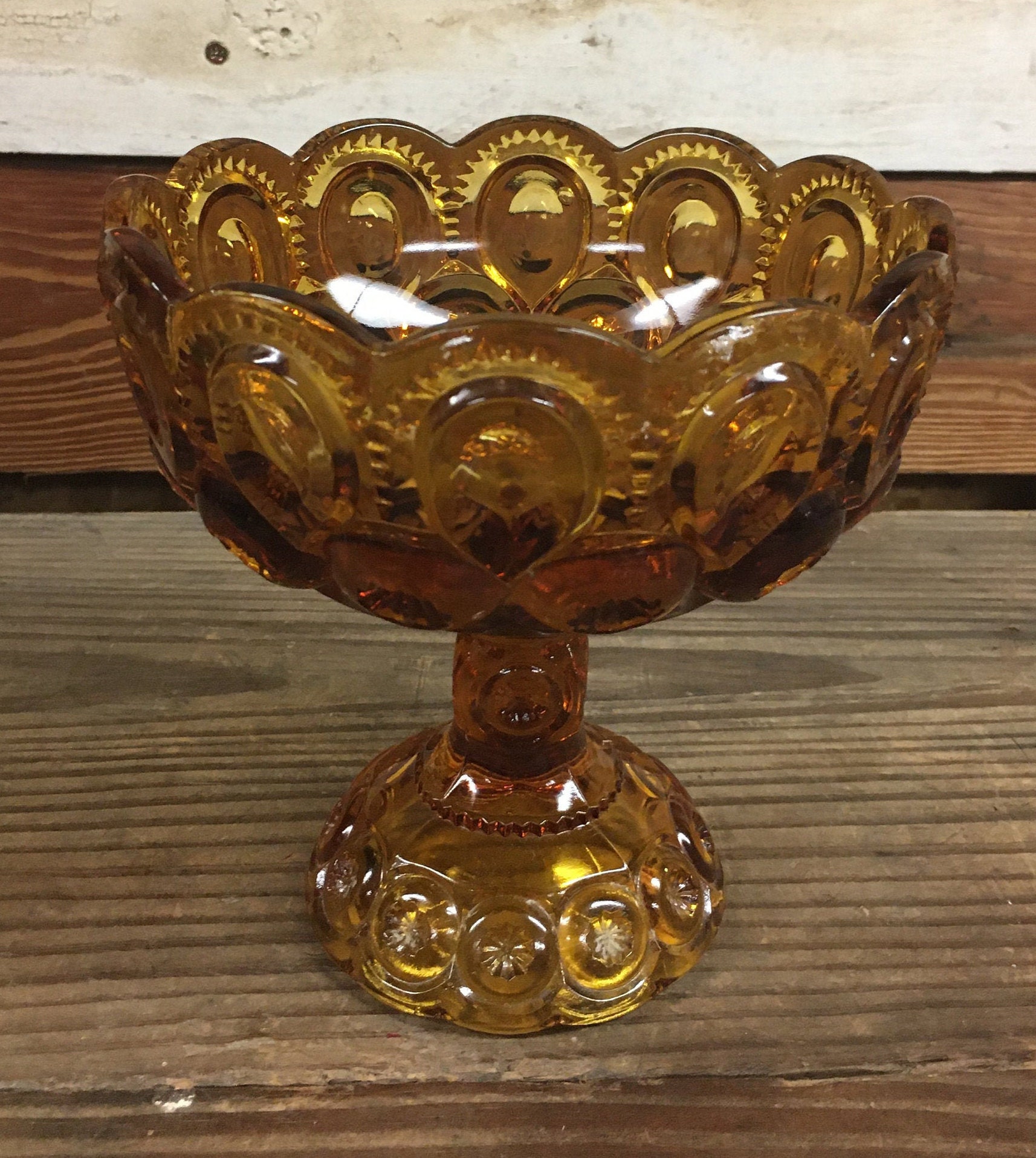 L.E. Smith Vintage Amber Glass Round Pedestal Compote Bowl Etsy