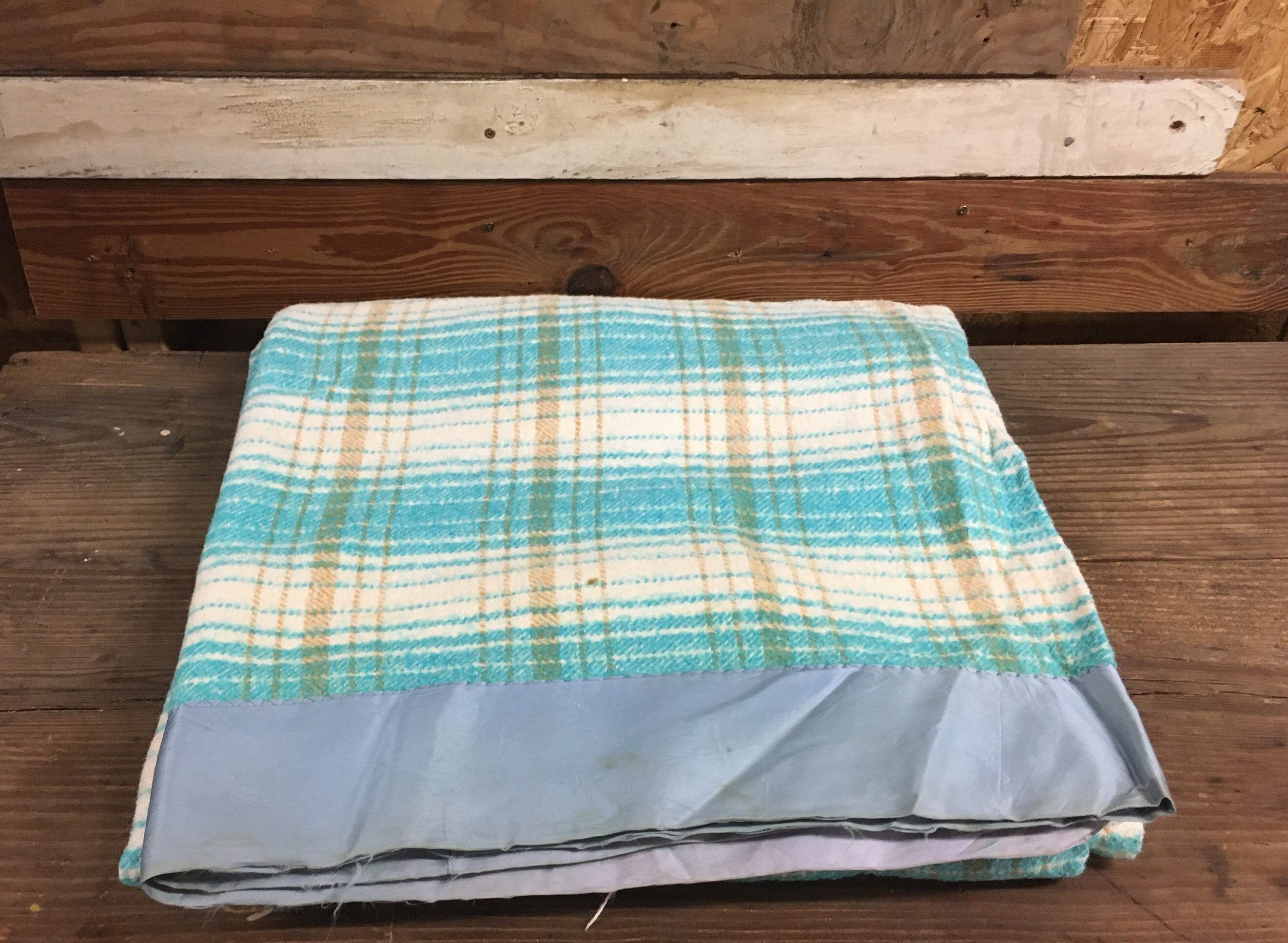 Vintage Satin Edged Plaid Wool Blanket Etsy