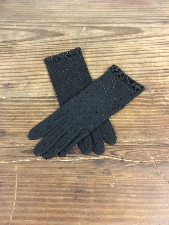 Vintage Nylon Beaded Black Gloves, 1950s Vintage B