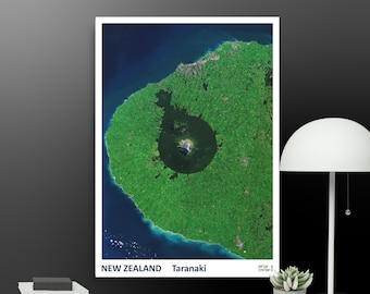 Taranaki New Zealand | Satellite Poster & Art Print | Volcano Landscape | Geo Art Print | A2 Wall Art | Volcano poster
