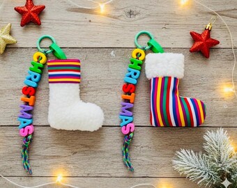 Korean Traditional Fabric Christmas Stocking Personalized Keychain • Handmade Holiday Ornament • Colorful Hanbok Fabric Gift