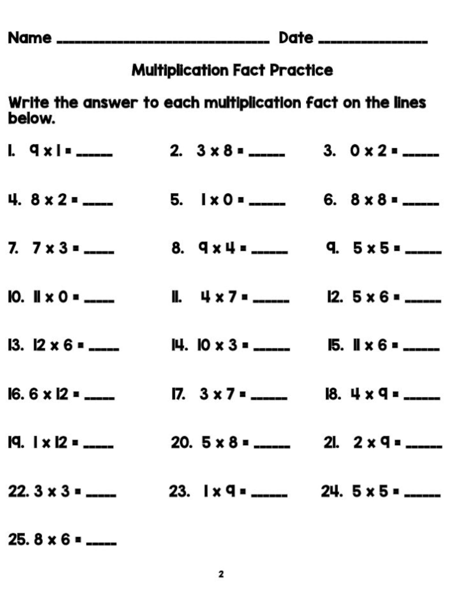 MULTIPLICATION FACTS PRACTICE Digital Downloads Printable Worksheets