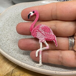 Peut inclure: Patch thermocollant en forme de flamant rose avec des détails blancs. Le patch est sur une main, avec une assiette en bois et une plante en pot en arrière-plan.