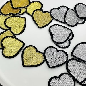 HEART Embroidered IRON on Patch Gold Silver Patches Heart Heat Adhesive Backing Valentine Love DIY Do It Yourself, adhesive patch for cloth