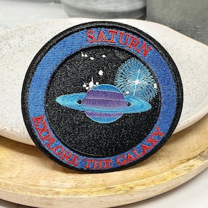 SATURN Embroidered IRON on PATCH Heat Adhesive Galaxy Traveling Decoration Embellishment Ornament Nature Adventure Saturn Planet Star