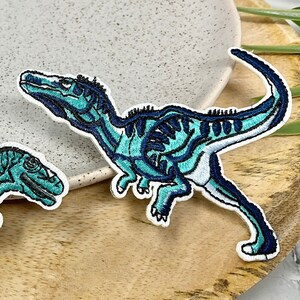 Peut inclure: Deux patchs brodés thermocollants de dinosaures bleus et verts. Les dinosaures sont tournés dans des directions différentes. Les patchs sont sur une surface en bois.