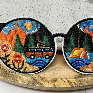 SUNGLASSES Camping Nature Embroidered IRON on PATCH - Heat Adhesive applique - Camping patches - Adventure sunglasses camping -Jeans T-shirt