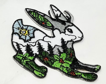 Embroidered IRON ON PATCH Heat Adhesive Rabbit Flower animal Patches Adornment Decoration Bunny Pine Holidays Winter Cold White Red
