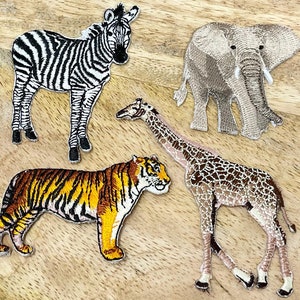 JUNGLE ANIMALS Embroidered Iron on PATCH Heat Adhesive, Tiger, Giraffe, Zebra, Elephant, Jungle animals, Patch for clothes, wild tiger patch