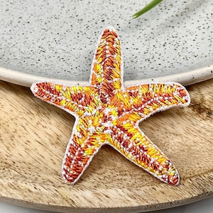 Peut inclure: Une étoile de mer brodée jaune et orange avec des accents blancs. L'étoile de mer est sur une surface en bois.
