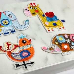 GIRAFFE, Elephant, Rooster, Hedgehog Embroidered IRON on PATCH Heat Adhesive, Colorful Badge kid Applique, spring patch iron on or Sew on
