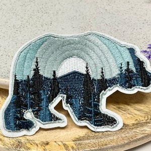 Embroidered IRON ON PATCH Heat Adhesive Bear Moon Mountain Animal Patches Blue Black Bear Adventure Bear with tree patch Jeans image 1