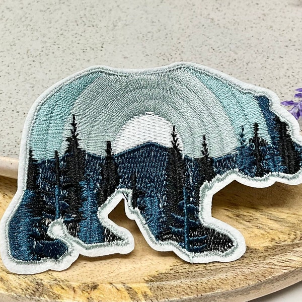 Embroidered IRON ON PATCH Heat Adhesive - Bear Moon Mountain - Animal Patches - Blue Black Bear - Adventure Bear with tree patch - Jeans