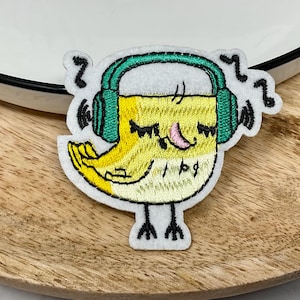 BIRD WITH HEADPHONE Embroidered Iron on patch Heat Adhesive patch, Fly Wasp Animal Patches Adornment Decoration Hole Jeans Fun Music bird