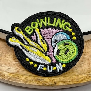BOWLING Embroidered IRON On, Sew on Expression Heat Adhesive Adornment Applique Badge Bowling Fun Sport Ball Competition Microphone Stars