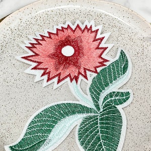 Peut inclure: Une fleur brodée rouge et rose avec des feuilles vertes. La fleur a un centre blanc et les feuilles ont un contour bleu clair.
