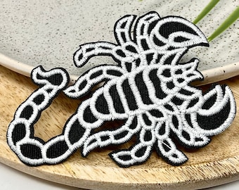 SCORPION Embroidered IRON on PATCH, Heat Adhesive Animal Insect Patches, Badge Wild Applique Sew On black white, adhesive scorpion patch