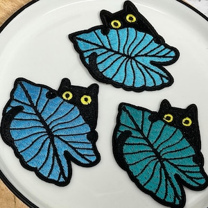 BLACK CAT with LEAF Embroidered Iron on patch, Heat Adhesive Dog Pet Animal Patches, Funny Hiding Cat Leaves Cool Badge Applique for clothes