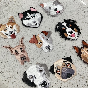 HUNDE Aufnäher zum Aufbügeln, bestickt, Heißkleber, Jagdhund, Jack Russell, Border Rough Collie, Deutsche Dogge, Bulldogge, Dalmatiner, Dobermann, Corgis, Mops, Husky