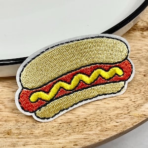 HOT DOG Embroidered Iron Sew On PATCH Heat Adhesive Pop Culture Gift Jeans Junk Food Applique Badge Sausage Fast Food Weiner Yellow Mustard