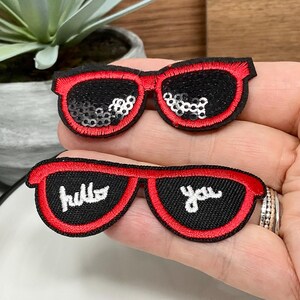 SUNGLASSES red hello you, Embroidered IRON on PATCH Heat Adhesive, adhesive patch for clothes, sunglasses red for backpack, gift for kids