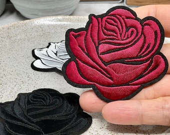 ROSE Embroidered IRON on PATCH Patches Nature Flower Decoration Love Valentine Gothic Black Rose Ornament Iron Heat Adhesive Red Black Red