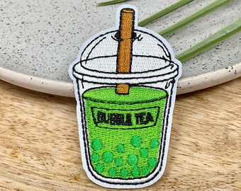 BUBBLE TEA Embroidered Iron on patch, Drink Heat Adhesive Patches,  Adornment Jeans Adhesive patch Beverage, Green bubble tea patch iron on