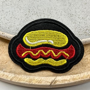 HOT DOG Embroidered Iron Sew On PATCH Heat Adhesive Pop Culture Gift Jeans Junk Food Applique Badge Sausage Fast Food Weiner Yellow Mustard