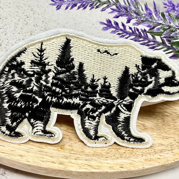 Embroidered IRON ON PATCH Heat Adhesive - Bear Moon Mountain - Animal Patches - Blue Black Bear - Adventure Bear with tree patch - Jeans