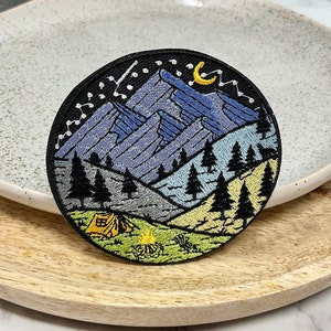 MOUNTAIN CAMPING Embroidered IRON on Patch Iron Heat Adhesive Traveling Embellishment Ornament Mountain Climb Higher Forest Nature Sun