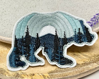 Embroidered IRON ON PATCH Heat Adhesive - Bear Moon Mountain - Animal Patches - Blue Black Bear - Adventure Bear with tree patch - Jeans