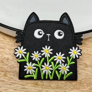 BLACK CAT with FLOWERS Embroidered Iron on patch, Heat Adhesive cat Pet Patches, Funny Cat pocket daisy flowers Cool Badge, gift cat lover