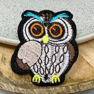 May include: Embroidered iron-on patch of a cartoon owl with brown, white, pink, orange, yellow, and blue details. The owl has large eyes and a serious expression.