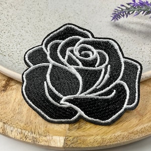 IRON ON PATCH Embroidered Patches Nature Flower Decoration Love Valentine Gothic Black White Rose Ornament Heat Adhesive Badge Applique