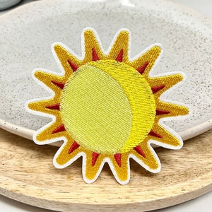 IRON ON PATCH Sun and Moon Embroidered Heat Adhesive Decoration Yin Yang Ornament Badge Orange Yellow Planet Astral Applique Do It Yourself