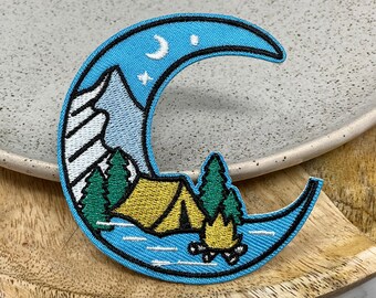 Embroidered IRON on PATCH MOON tent fire mountain camping, Traveling Decoration, Adhesive Moon Cycle Quarter, Patch for clothes