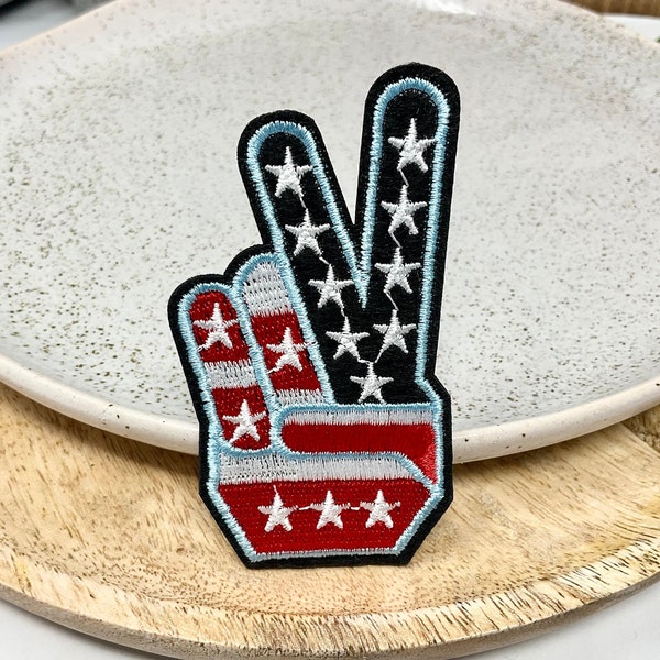 Embroidered IRON On Sew On PATCH Hand Fingers of Victory American Flag Expression Peace Symbol Sign Heat Adhesive Adornment Applique Badge