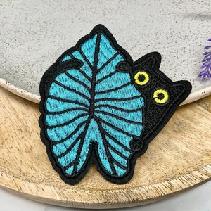 BLACK CAT with LEAF Embroidered Iron on patch, Heat Adhesive Dog Pet Animal Patches, Funny Hiding Cat Leaves Cool Badge Applique for clothes