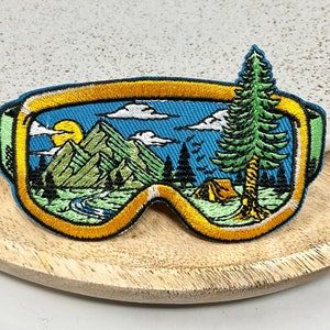 Embroidered IRON ON Sew PATCH Goggles Heat Adhesive, Tree Forest Adventure Traveling Adventure, Sunglasses Adornment Camping Outdoors, gift