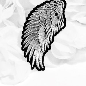 Embroidered IRON ON PATCH Angel Wings Silver Bicker Rocker Sew On Large Heat Adhesive Adornment Decoration Hole Jeans Small Big Mend Hole image 4